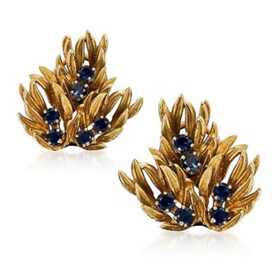 Vintage Sapphire Floral Earrings In Yellow Gold